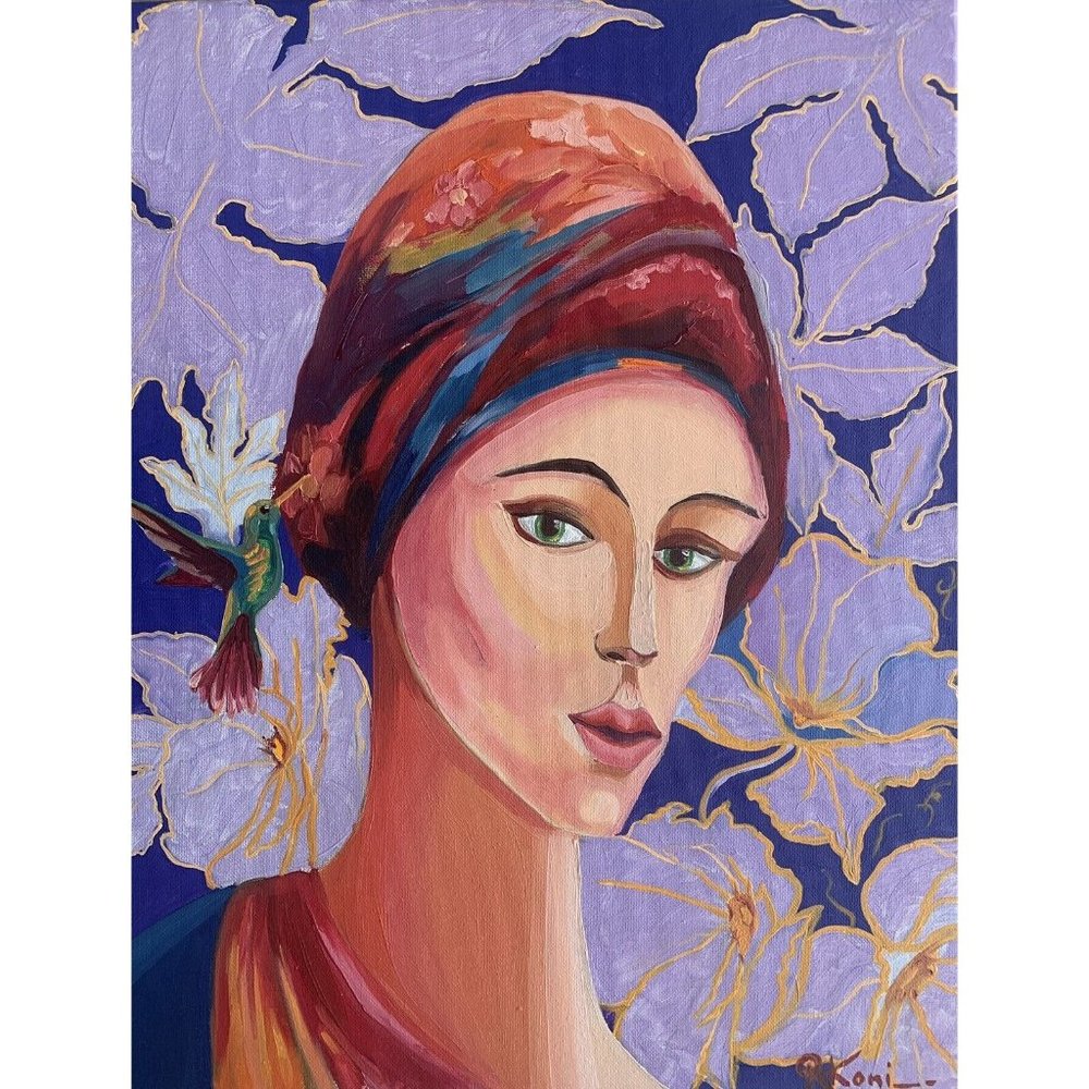 Women oil painting 16”by 20”on canvas Art deco floral female lavender